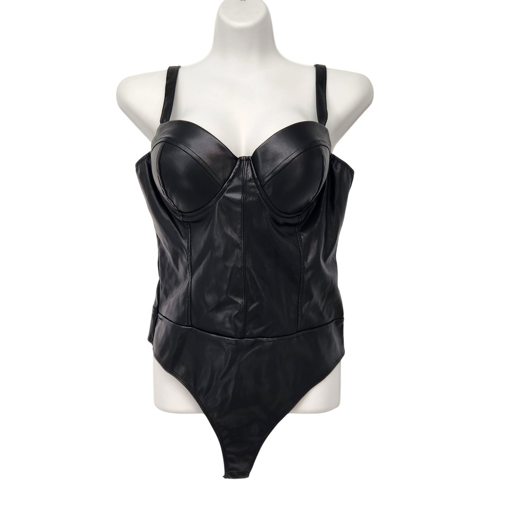 Haute Monde Faux Leather Thong Bodysuit Black Underwire XL HMT55383